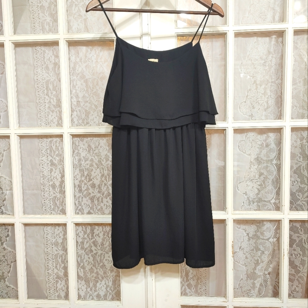 Black dress tiered draped lined spaghetti strap evening cocktail wedding
